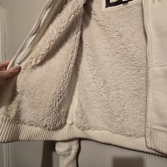 Vtg 90s Y2K Abercrombie Fitch NY AHoodie Womens L Ivory Sherpa Lined Patch Logo